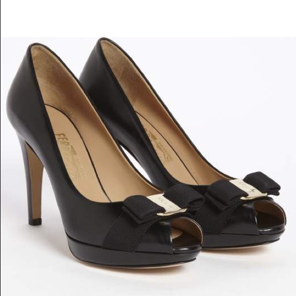Salvatore Ferragamo Shoes - Ferragamo bow peep toe black leather heels tina